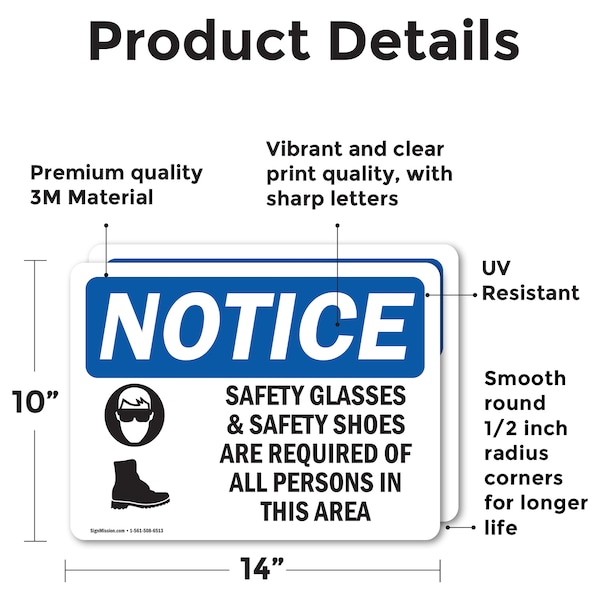 Safety Glasses & Safety Shoes Sign, Vinyl Decal, 14in W X 10in L, 2PK